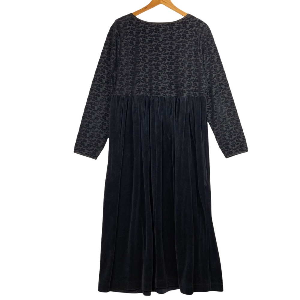 Vintage 90’s Floral Burnout Velour Long Sleeve Stretchy Smocked Maxi Dress Black - Picture 2 of 11